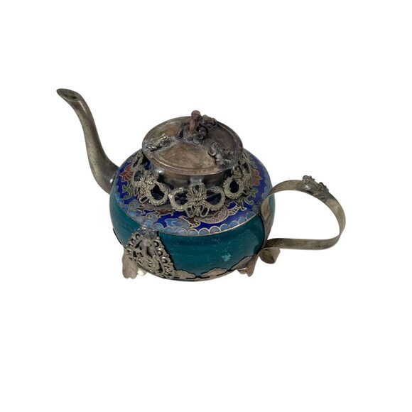 Antique Cloisonné Teapot With Silver-Plated Details & Intricate Design - Picture 2 of 9